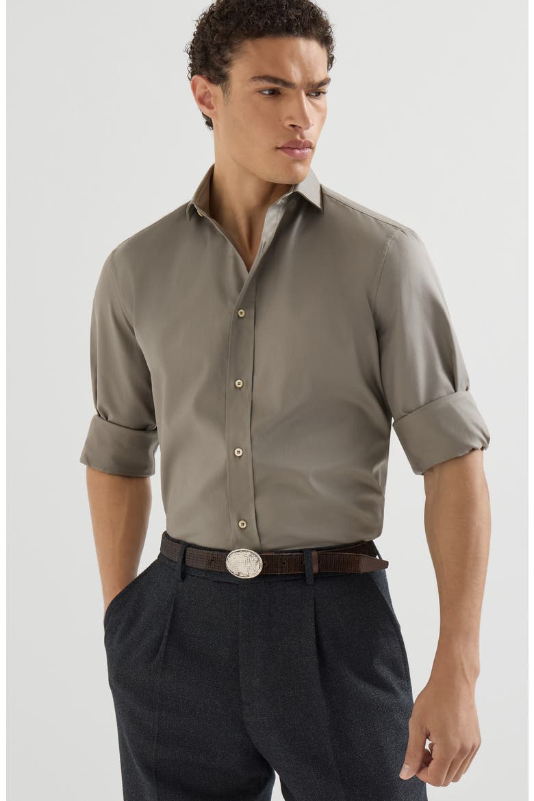 Garment-dyed twill  shirt with spread collar, Alternate, color, Brown