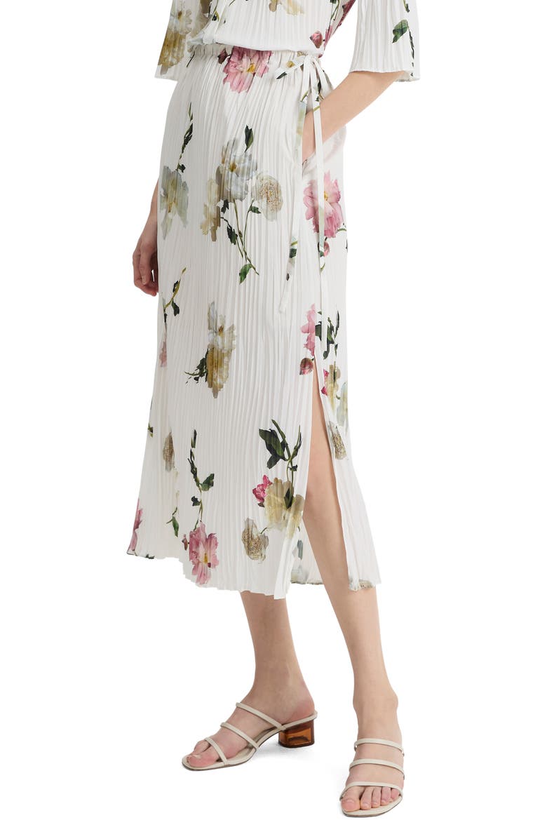 Vince Wilted Peony Plissé Drawstring Midi Skirt, Alternate, color, White Peony