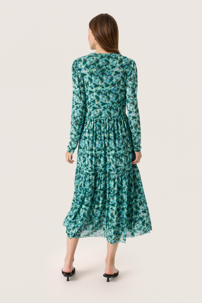 Slaldora V-Neck Mesh Long Sleeve Dress, Alternate, color, Green Brushed Floral