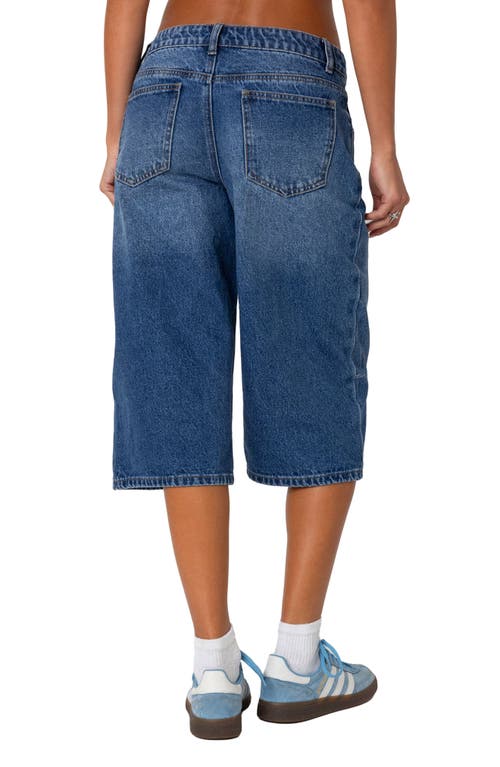 Edikted Low Rise Extra Long Denim Bermuda Shorts In Blue