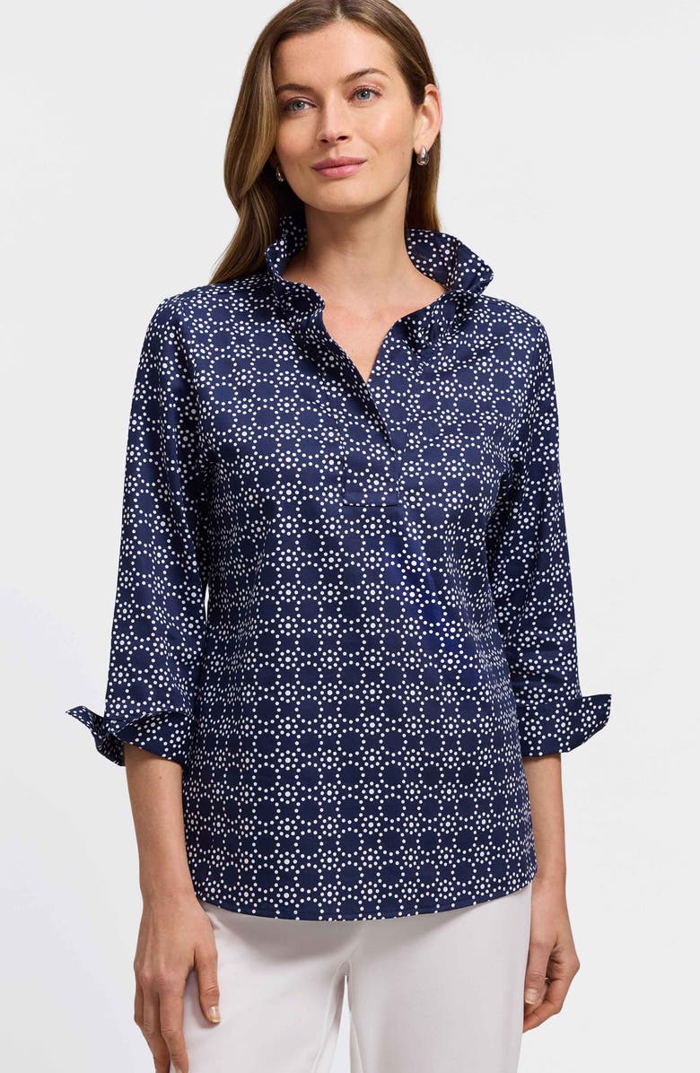 Foxcroft Tammy Cotton Ruffle Collar Top, Alternate, color, Navy Blue/ White