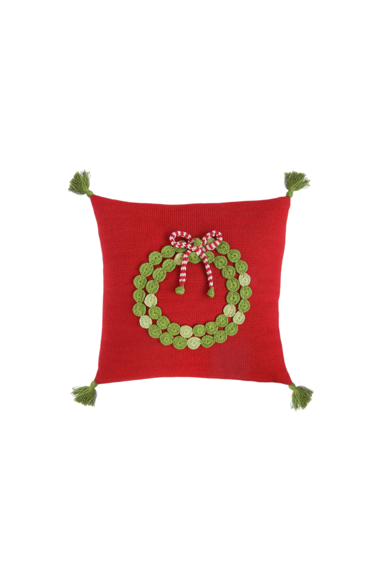 14" Green Wreath Pillow, Red, Main, color, Red