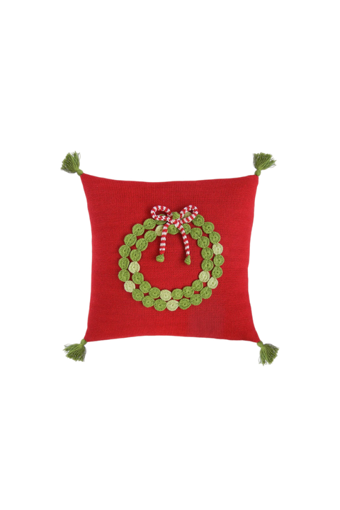 14" Green Wreath Pillow, Red