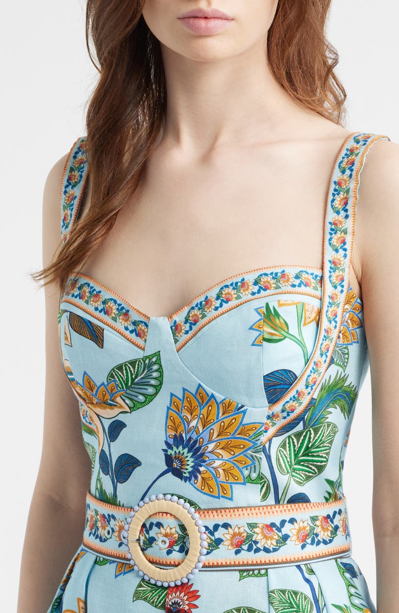 FARM Rio Floral Border Print Linen Blend Romper, Alternate, color, Floral Delhi Light Blue