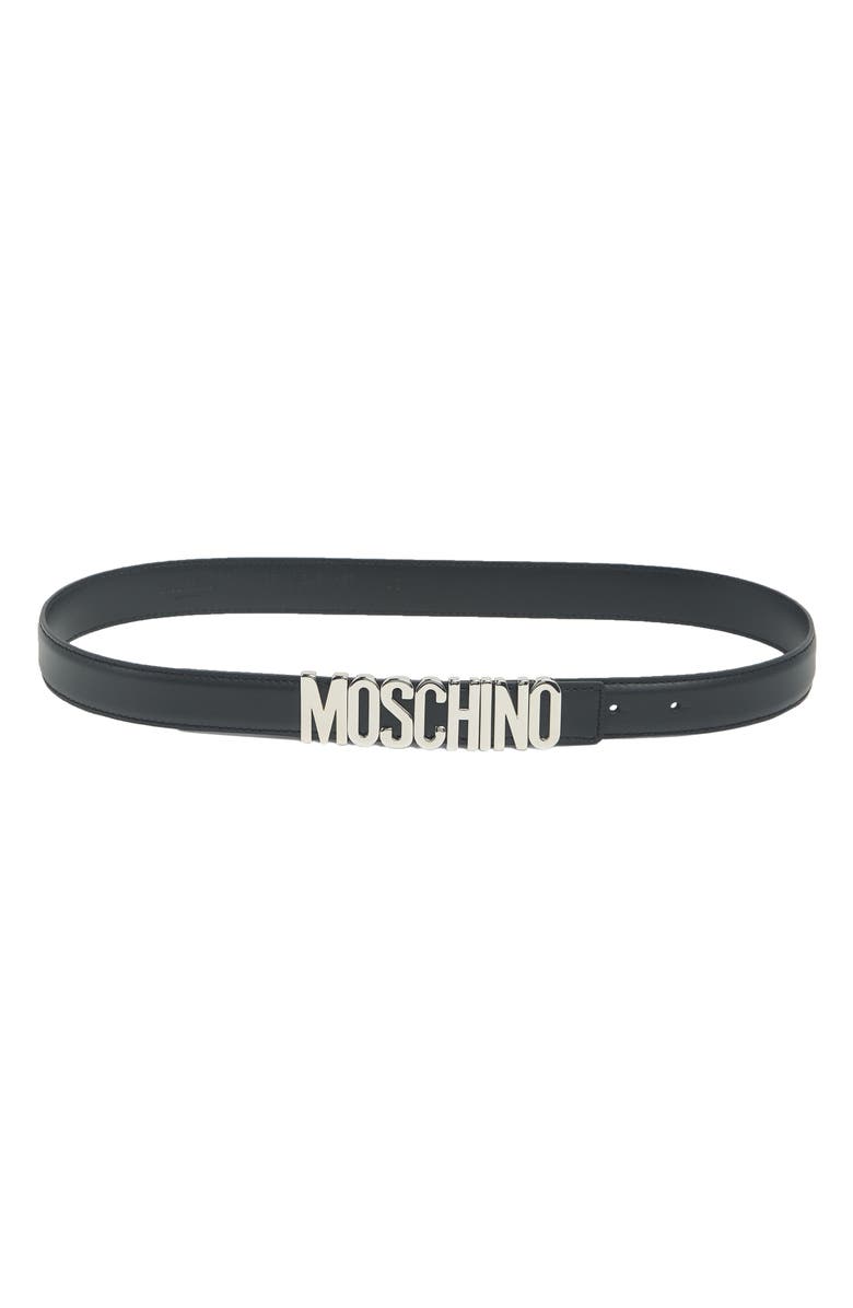Moschino Thin Leather Silver-Tone Logo Belt, Main, color,