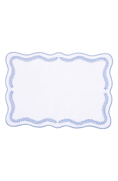 Tessuti Set of 4 White Rectangular White Placemats with Blue Ivy Embroidery