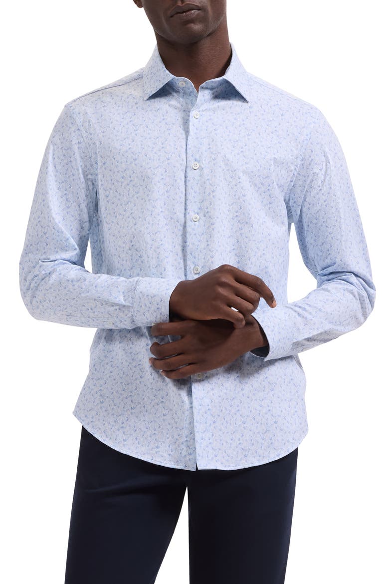 Jimmy OoohCotton® Leaf Print Button-Up Shirt, Main, color, AIR BLUE