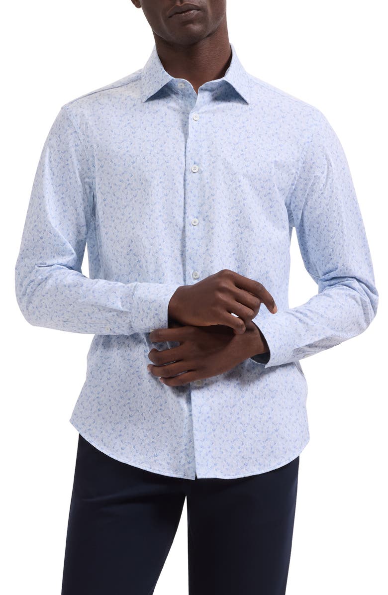 Bugatchi Jimmy OoohCotton<sup>®</sup> Leaf Print Button-Up Shirt, Main, color, Air Blue