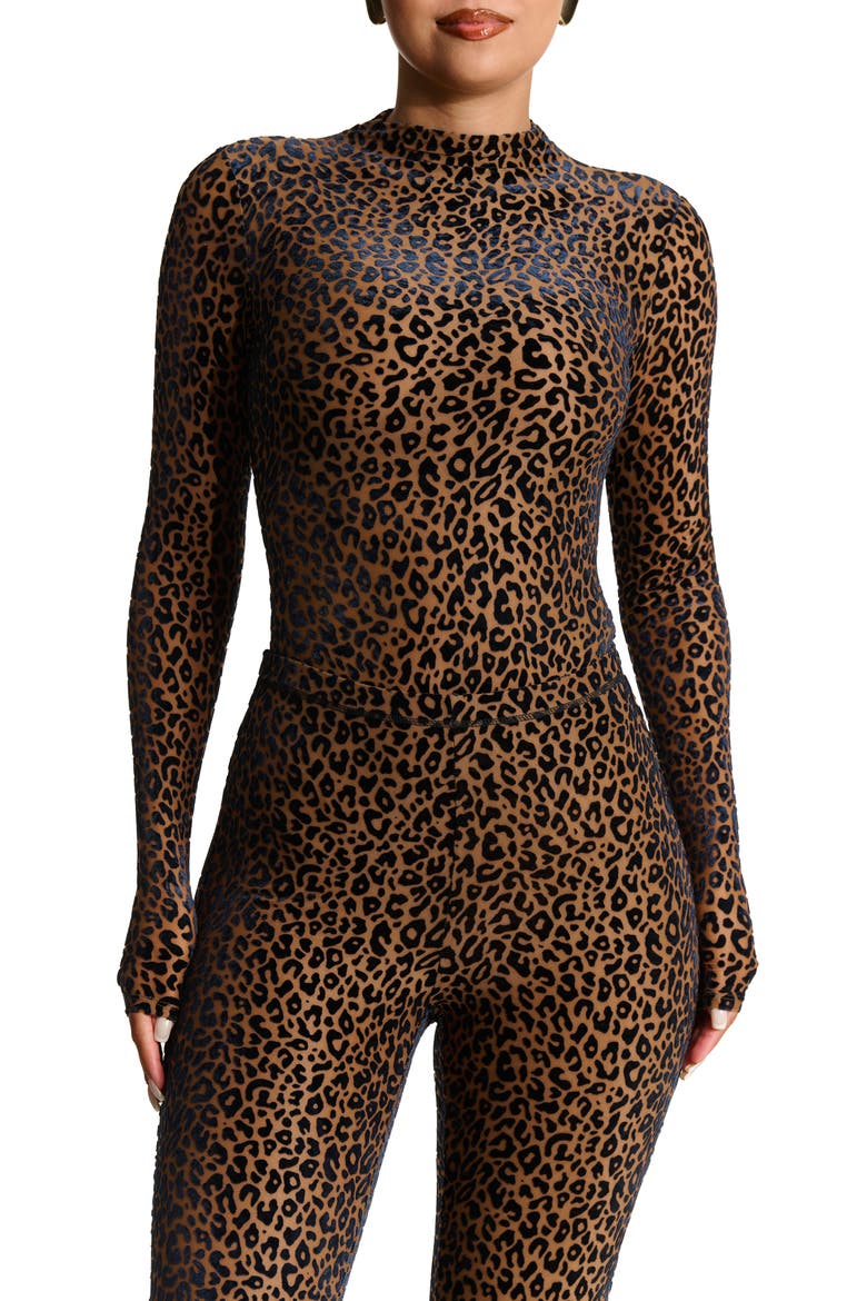 Burnout Velvet Long Sleeve Bodysuit, Main, color, LEOPARD NUDE