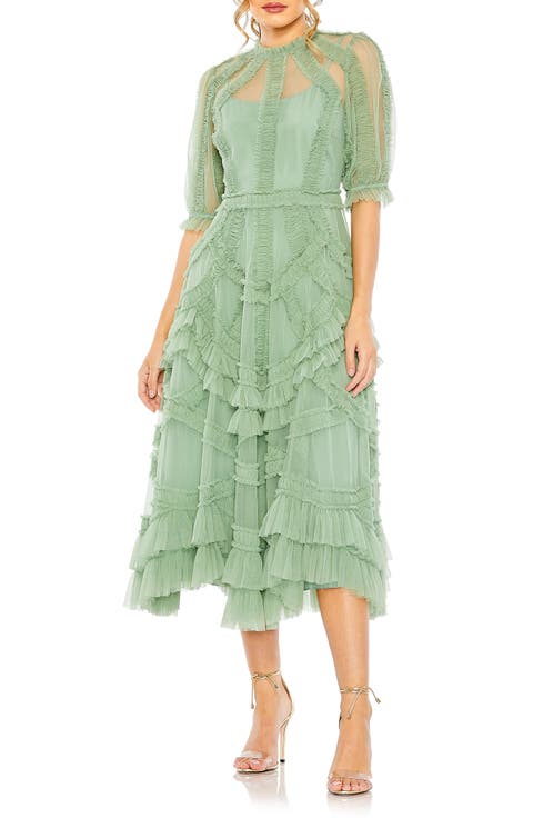 Women's High Neck Puff Sleeve Ruffle Tiered Dress