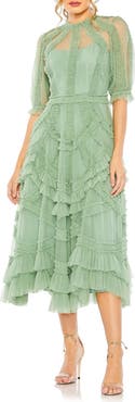Mac Duggal Women's High Neck Puff Sleeve Ruffle Tiered Dress