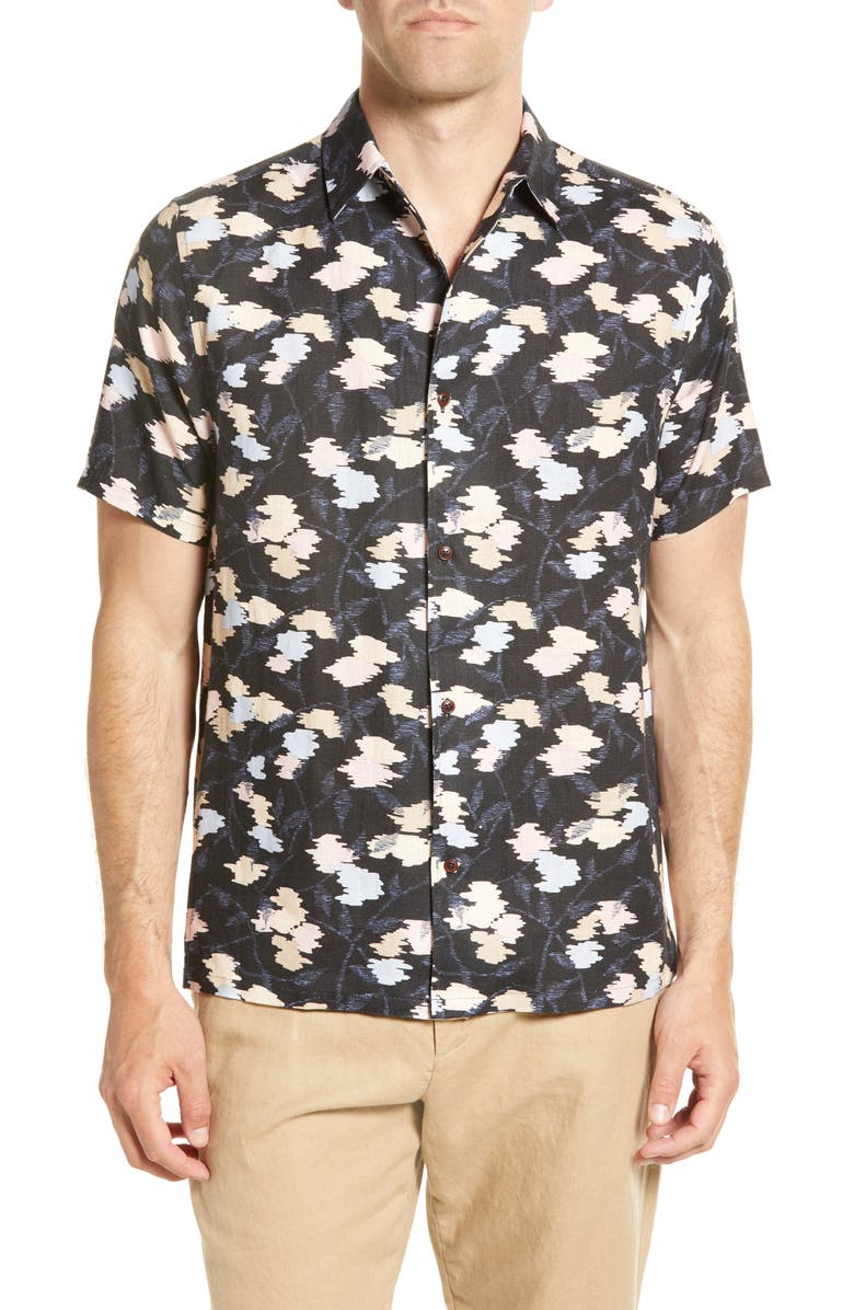 Ted Baker London Hadrian Abstract Floral Short Sleeve Linen Button-Up Shirt, Main, color,