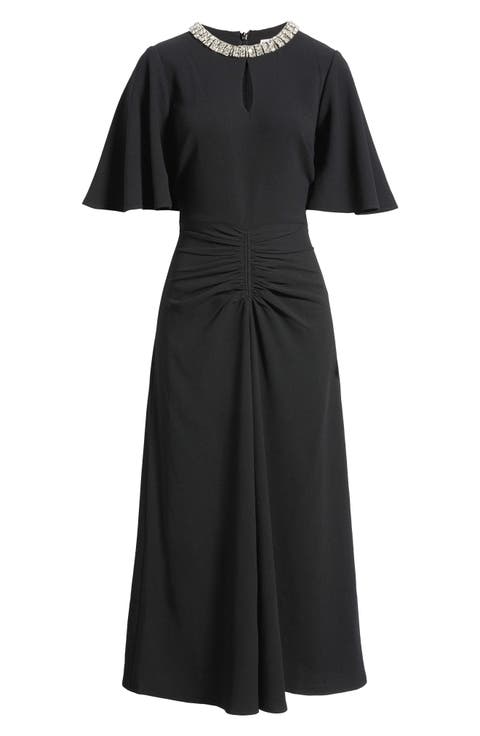 Noemie Rhinestone Detail Keyhole Neck Cocktail Midi Dress