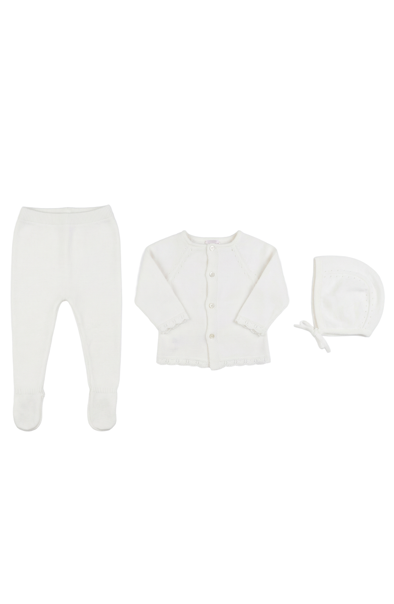 Bebe Bella Diamond Knit Short Sleeve Top, Pants and Bonnet Set, Main, color, White