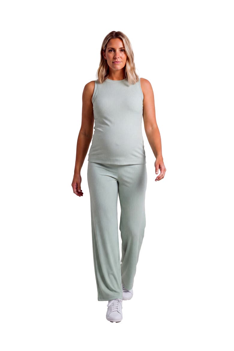 Maternity Basic Ribbed Knit Tank Top and Elastic Waist Wide Leg Pant Set, Main, color, Mint