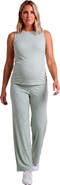 24seven Comfort Apparel Maternity Basic Ribbed Knit Tank Top and Elastic Waist Wide Leg Pant Set