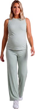 24seven Comfort Apparel Maternity Basic Ribbed Knit Tank Top and Elastic Waist Wide Leg Pant Set