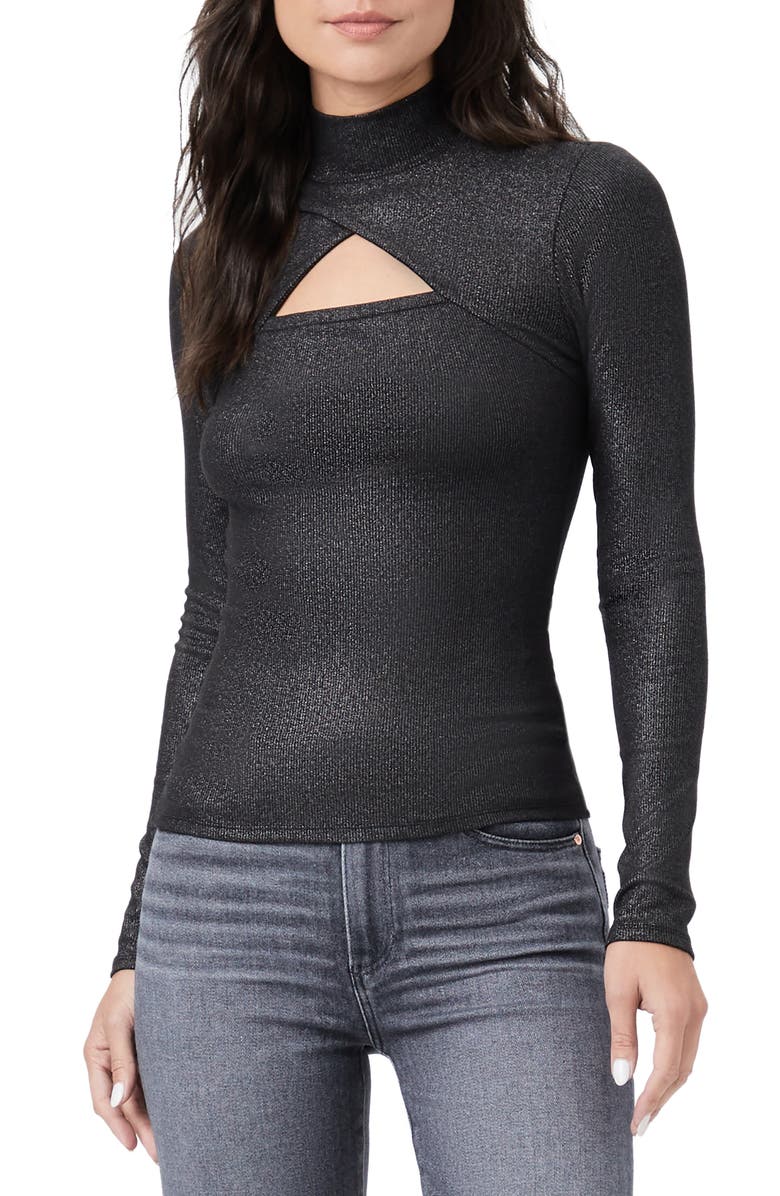 PAIGE Sonata Cutout Mock Neck Metallic Top, Main, color, Black/ Silver