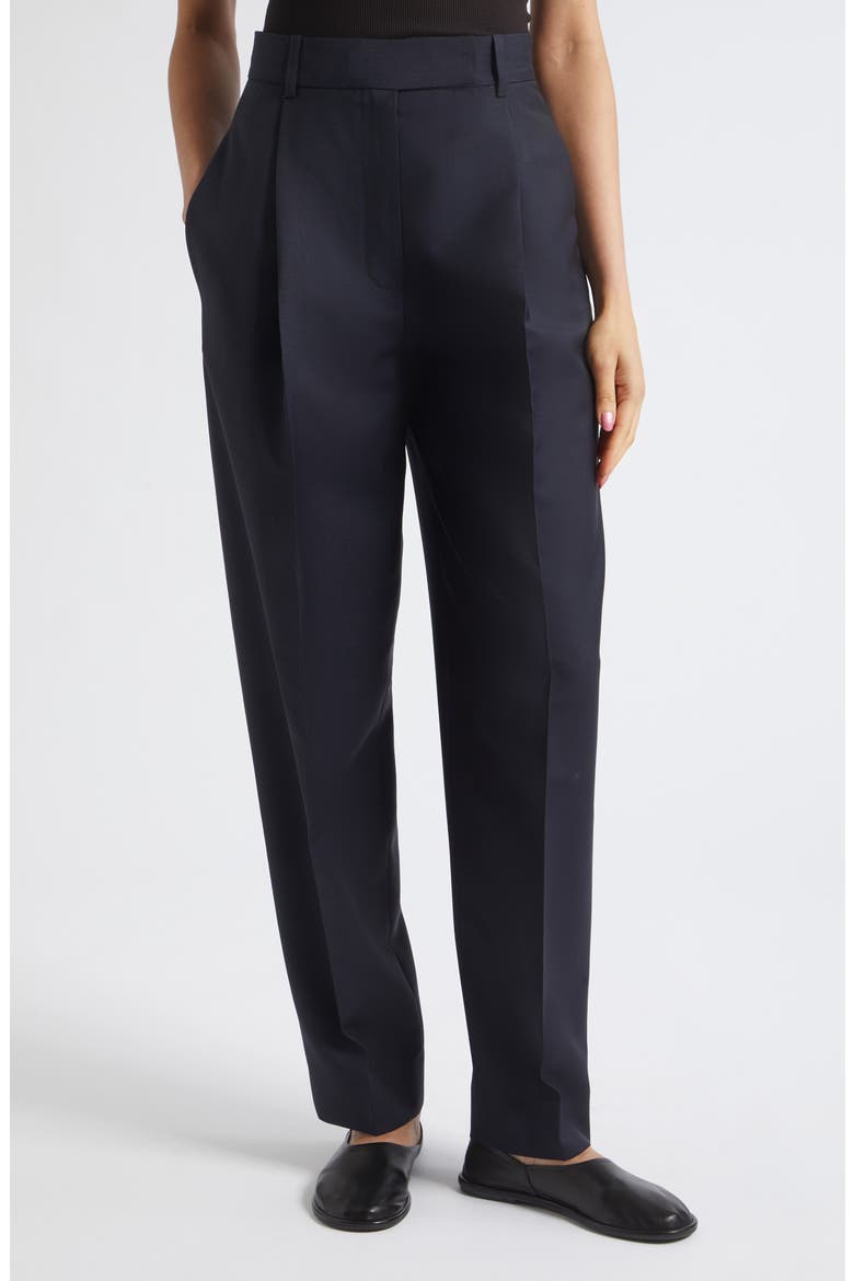 Daria Pleated High Waist Tapered Virgin Wool & Mohair Trousers, Main, color, NAVY
