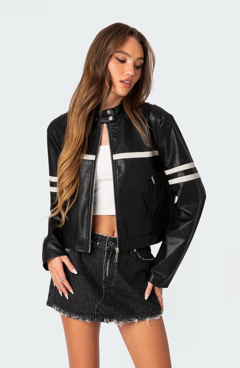 EDIKTED Rockstar Oversize Faux Leather Jacket, Alternate, color, Black-And-White