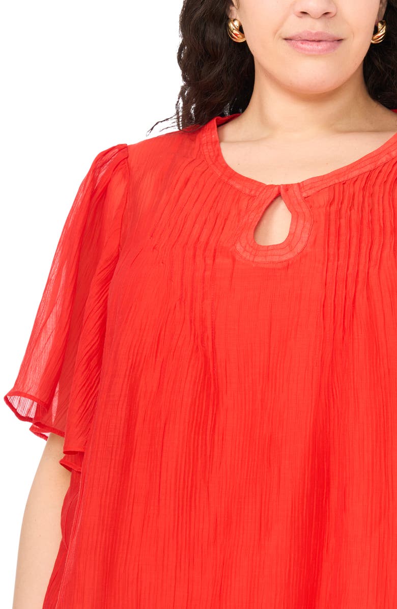 Vince Camuto Keyhole Cutout Flutter Sleeve Crinkle Top, Alternate, color, Lobster Red