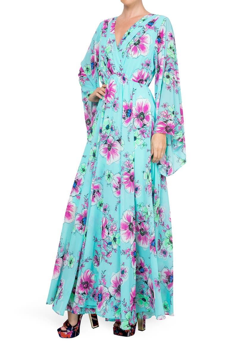 Sunset Floral Print Bell Sleeve Maxi Dress, Alternate, color, TURQUOISE PEONY