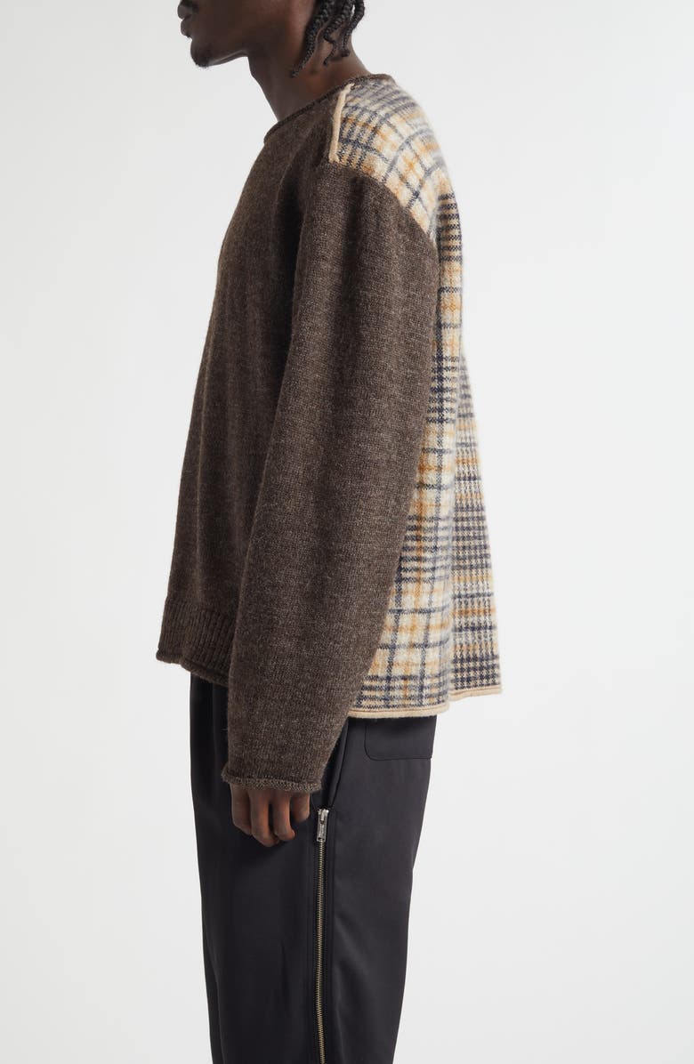 Undercover Paneled Solid & Plaid Wool Sweater, Alternate, color, Top Brown