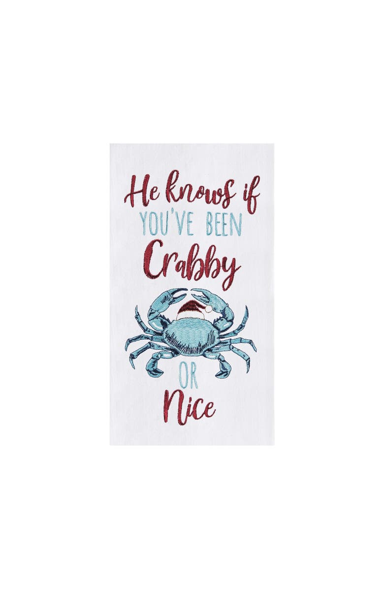 C&F Home Coastal Beach Christmas "He Knows if You Been Crabby Or Nice" Embroidered Flour Sack Dishtowel, Main, color, 