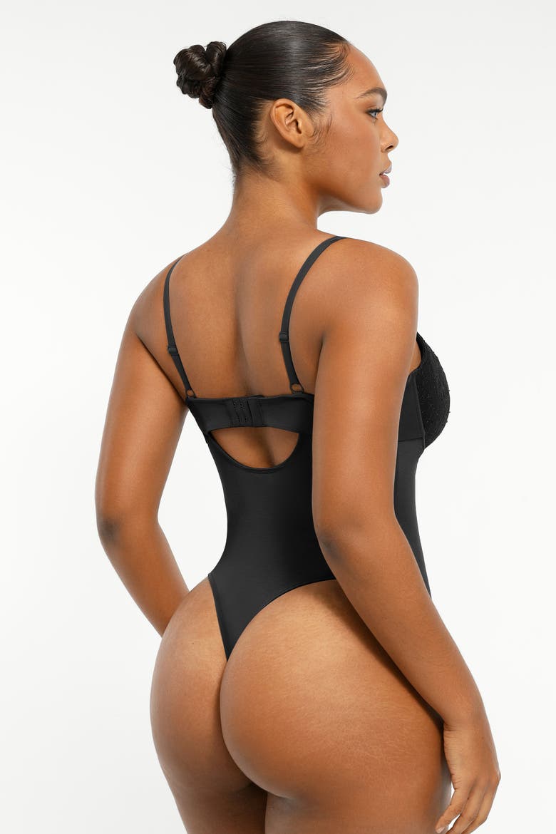 Sheer Lace Mesh Bodysuit with Shaping, Alternate, color, Matte Black