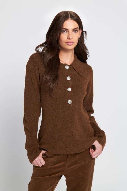 Elle Collection Fuzzy Knit Jumper Henley Sweater In Brown