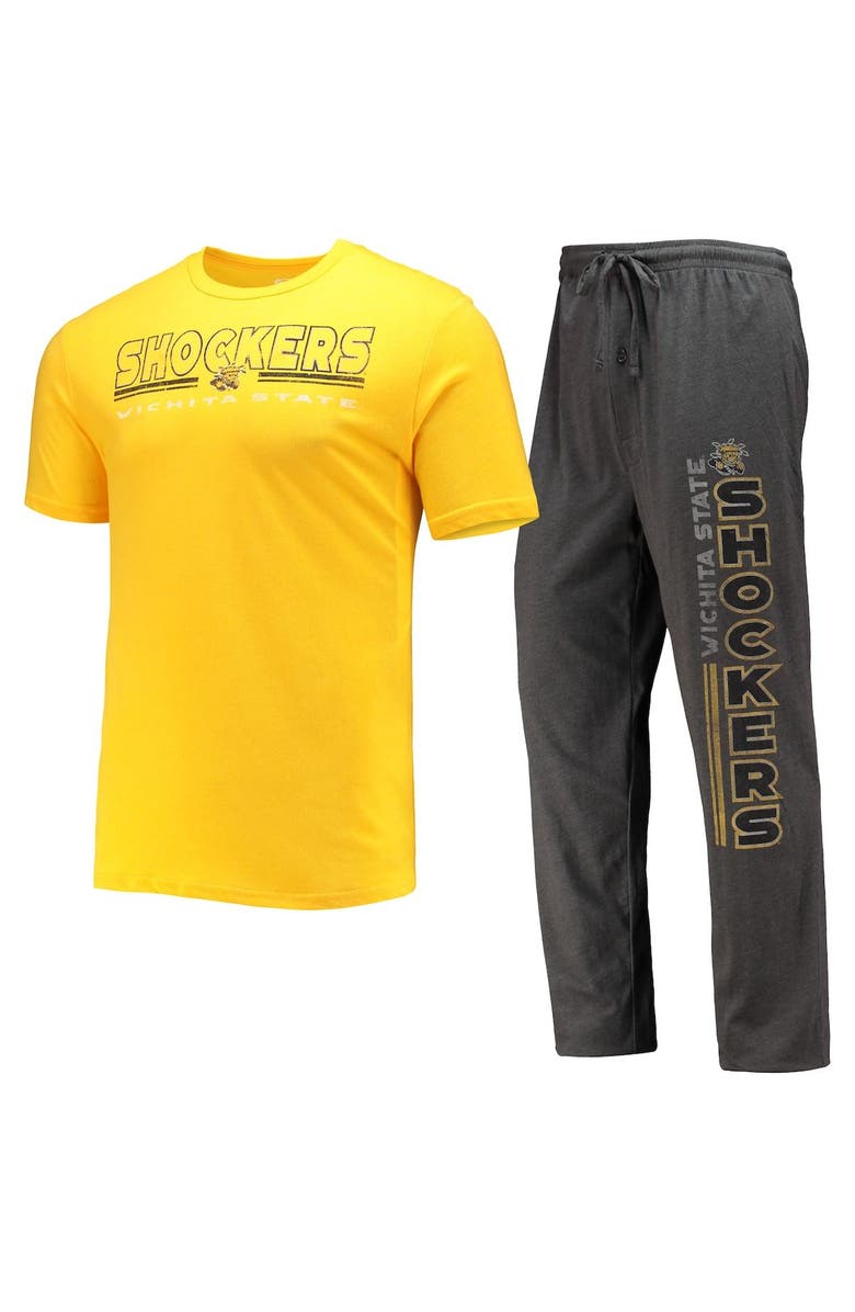CONCEPTS SPORT Men's Concepts Sport Heathered Charcoal/Yellow Wichita State Shockers Meter T-Shirt & Pants Sleep Set, Main, color, Heather Charcoal