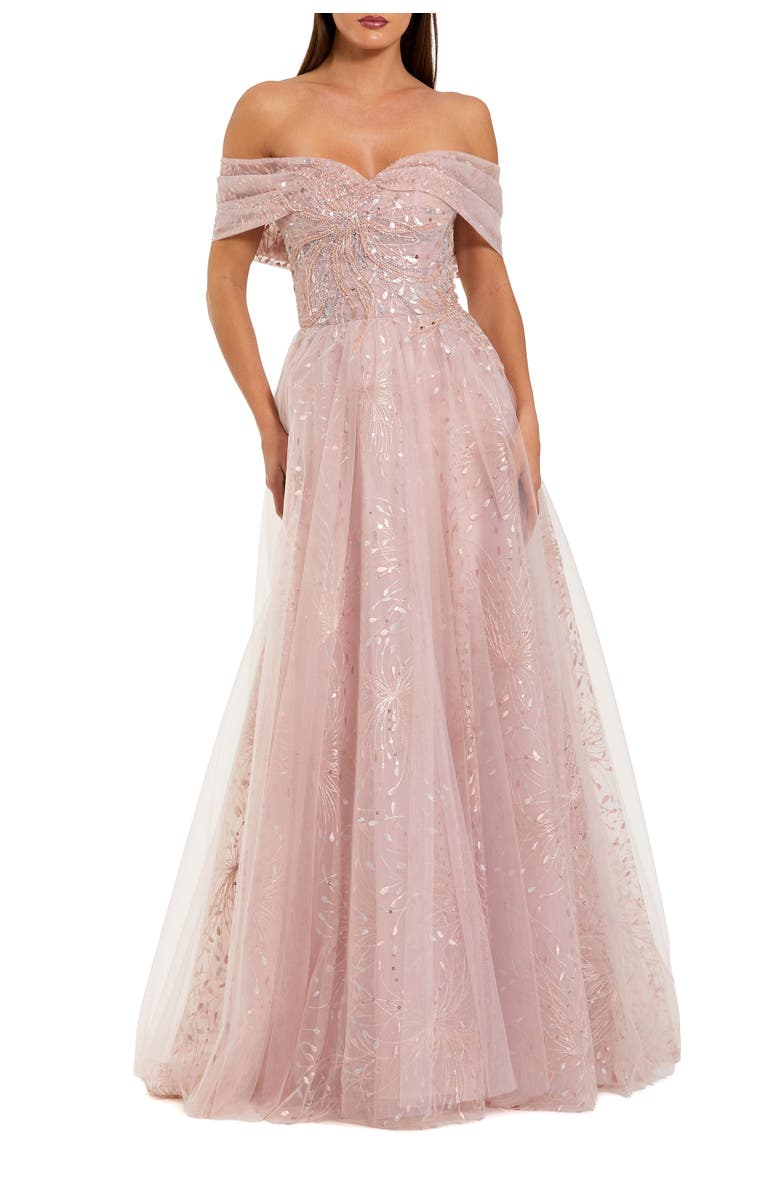 Mac Duggal Embroidered Tulle Off The Shoulder Ballgown, Main, color, Dusty Rose