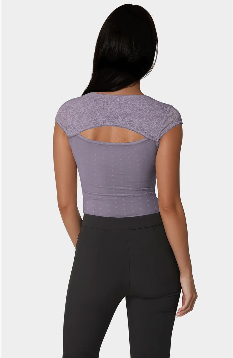 bebe Swiss Dot Lace Bodysuit, Alternate, color, Purple Ash