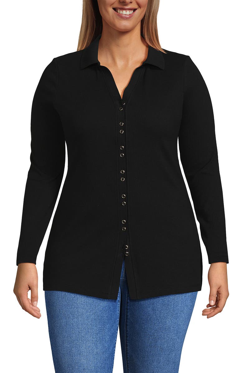 Lands
 End Long Sleeve Polished Rib Button Through Tunic Shirt, Main, color, Black