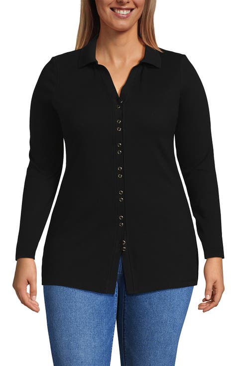 Long Sleeve Polished Rib Button Through Tunic Shirt