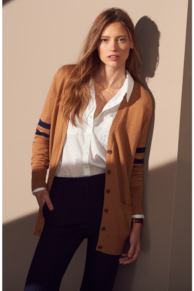 'Collegiate' V-Neck Cardigan, Alternate, color, BLACK- IVORY STRIPE