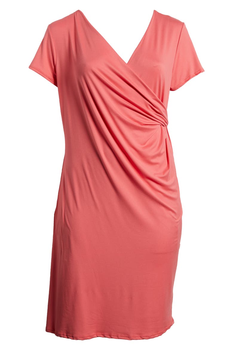 V-Neck Stretch Faux Wrap Dress, Alternate, color, CORAL