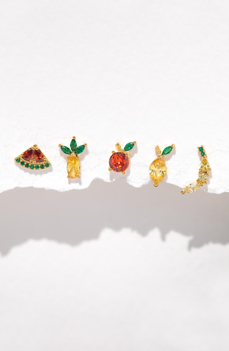 Girls Crew Tropical Fruit Basket Set of 5 Assorted Single Stud Earrings, Alternate, color, Gold