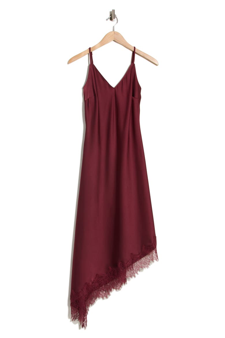 Lace Trim Asymmetrical Midi Slipdress, Alternate, color, BURGUNDY