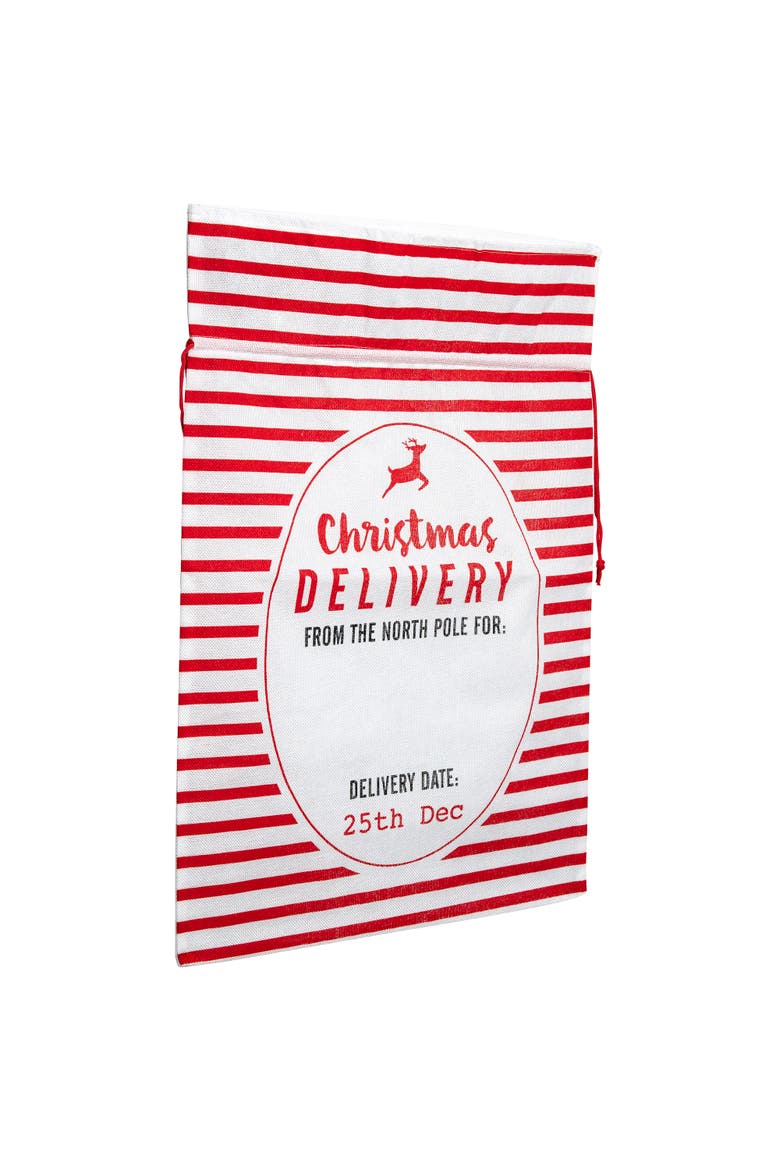 Striped Christmas Delivery Tied Gift Sack - 27.25" - White and Red, Alternate, color, White