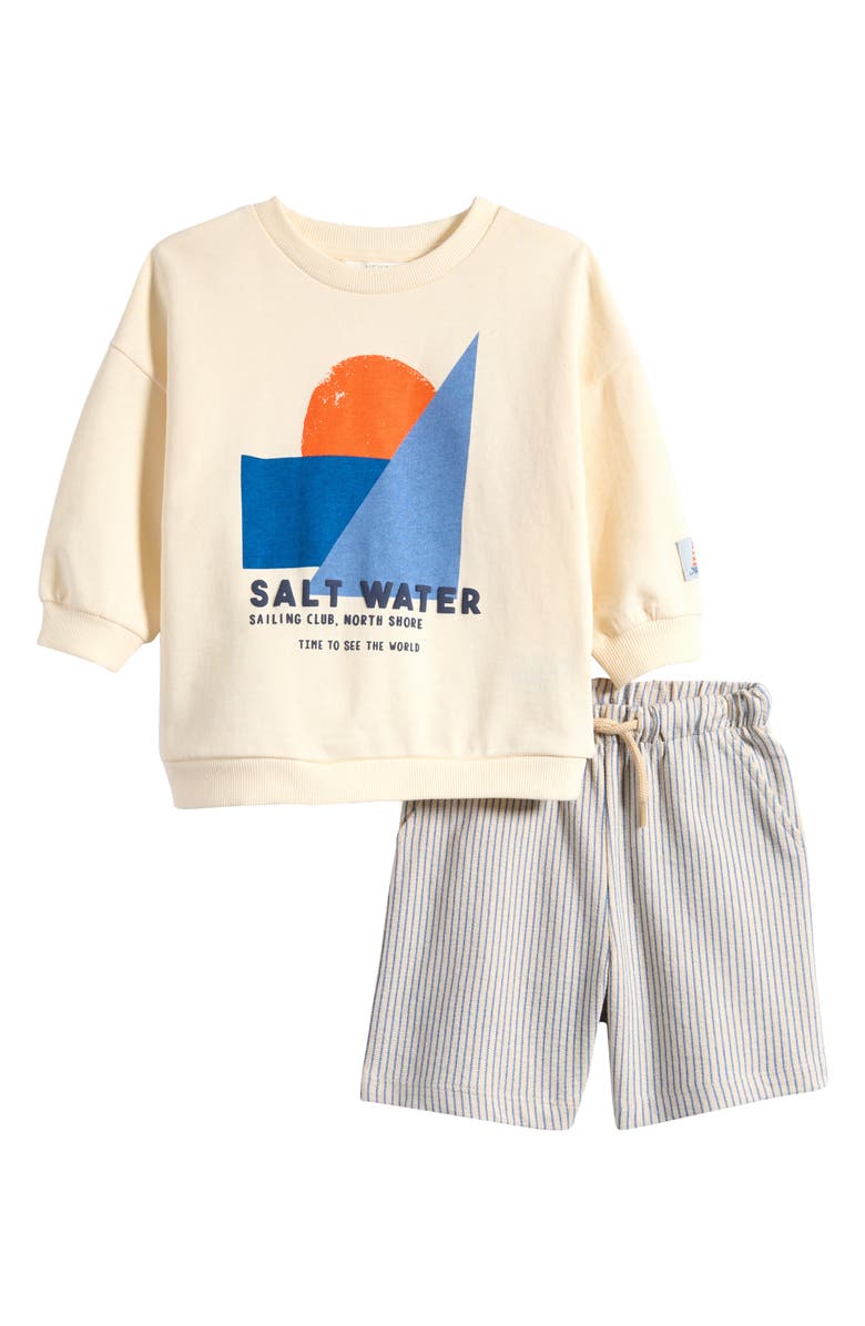 NEXT Kids' Sailing Cotton Graphic Sweatshirt & Striped Shorts Set, Main, color, Neutral