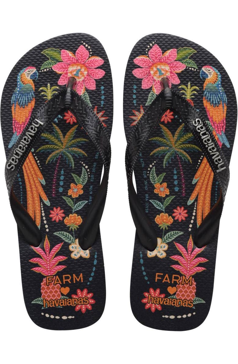 Havaianas x Farm Rio Print Footbed Flip Flop, Main, color, Farm Black Parrots