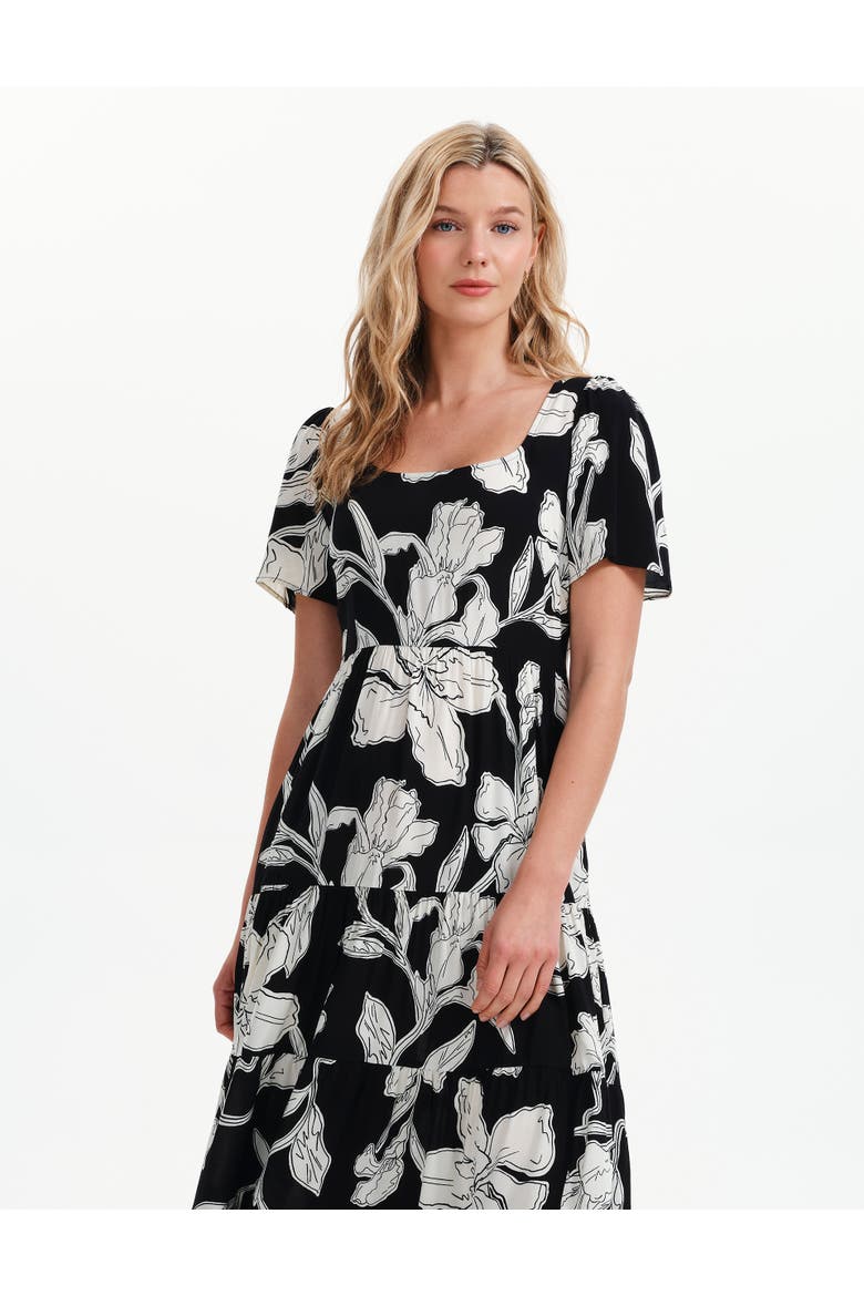Teresa Floral Print Tiered Midi Dress, Alternate, color, Black Floral