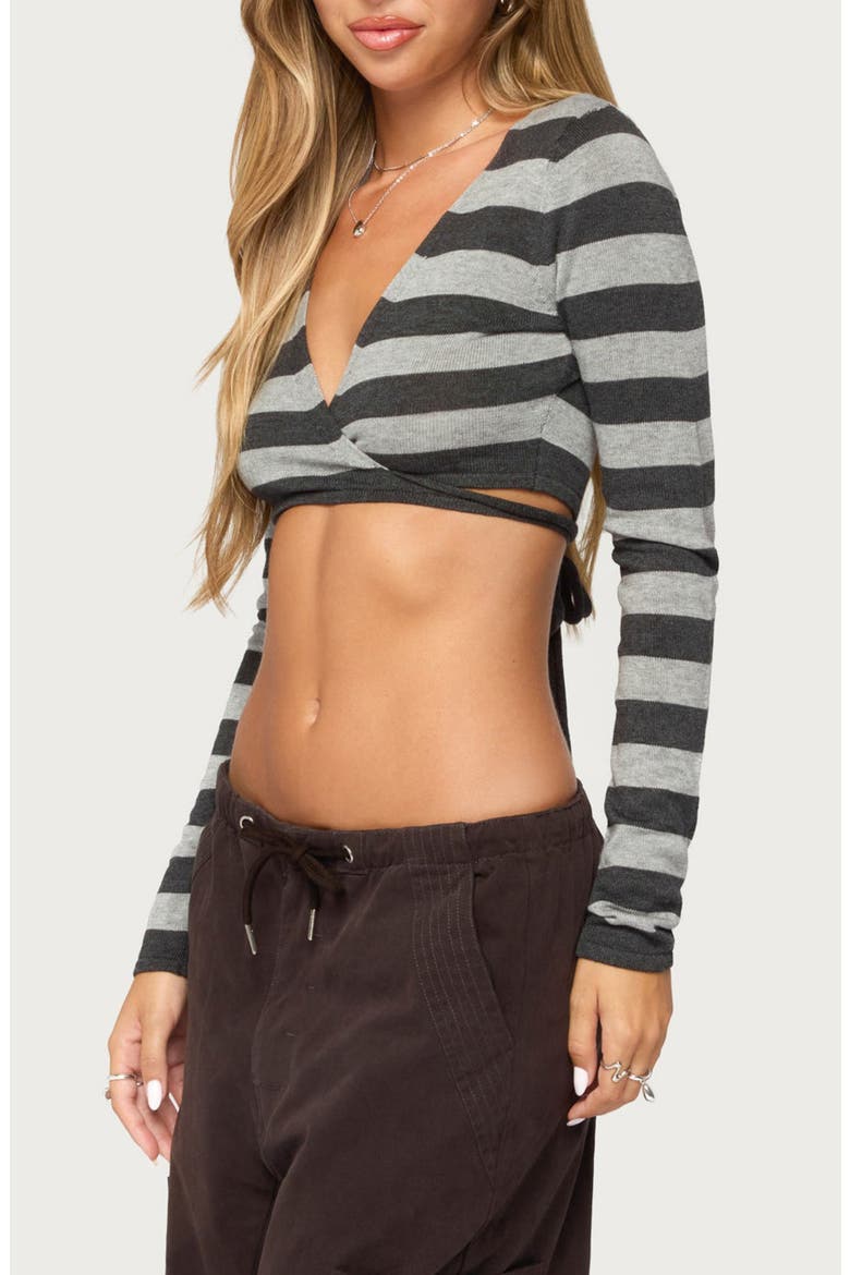 Meira Striped Knit Wrap Crop Top, Alternate, color, DARK-GRAY-AND-LIGHT-GRAY