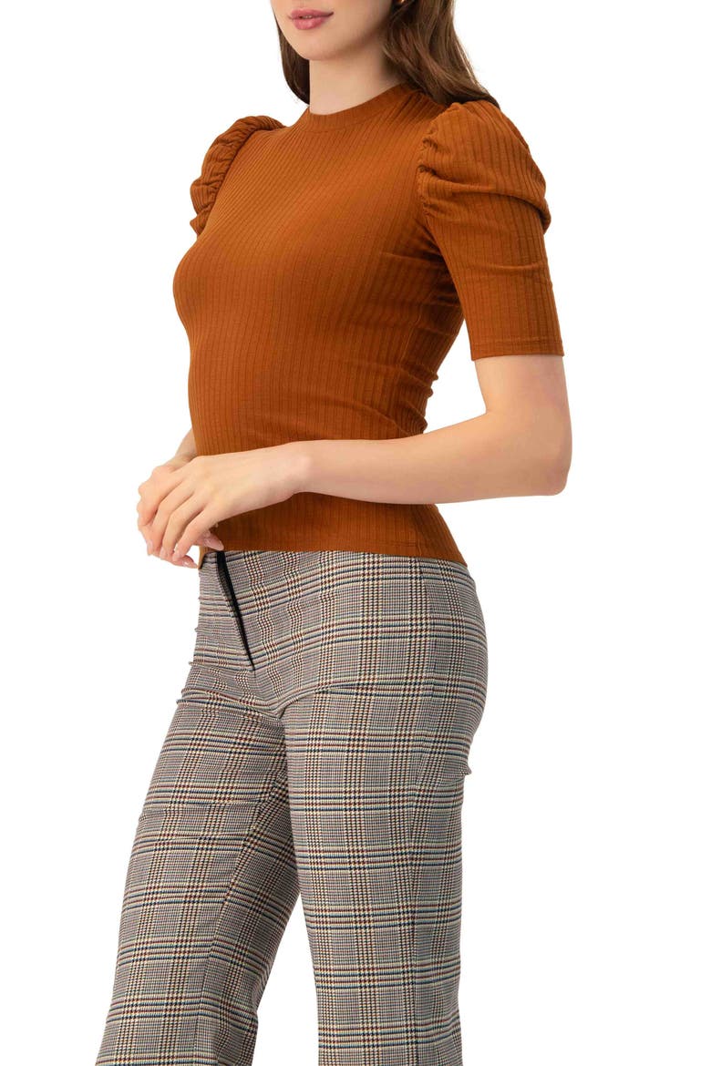 Puff Shoulder Ribbed-Knit T-shirt, Alternate, color, Brown