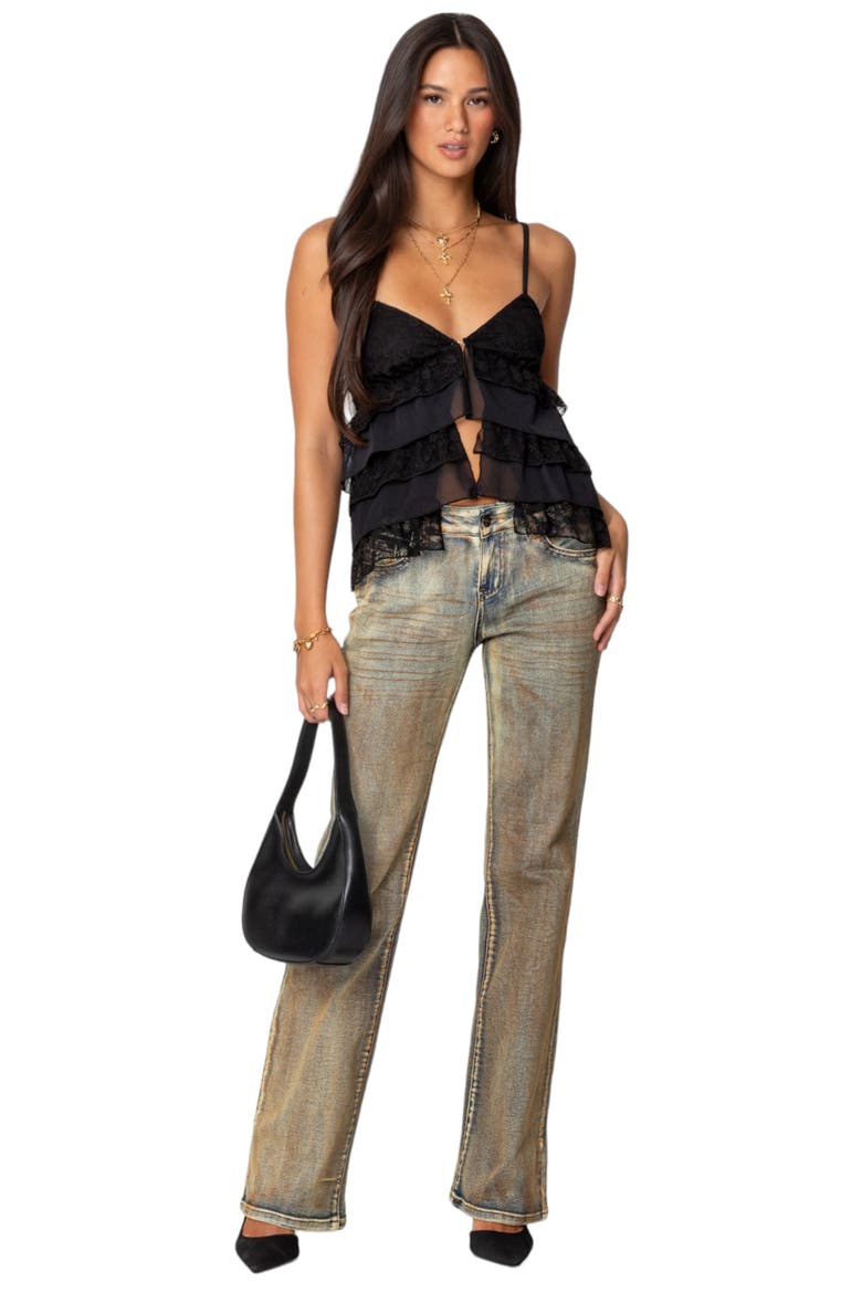 Lacy Split Front Ruffle Camisole, Alternate, color, BLACK