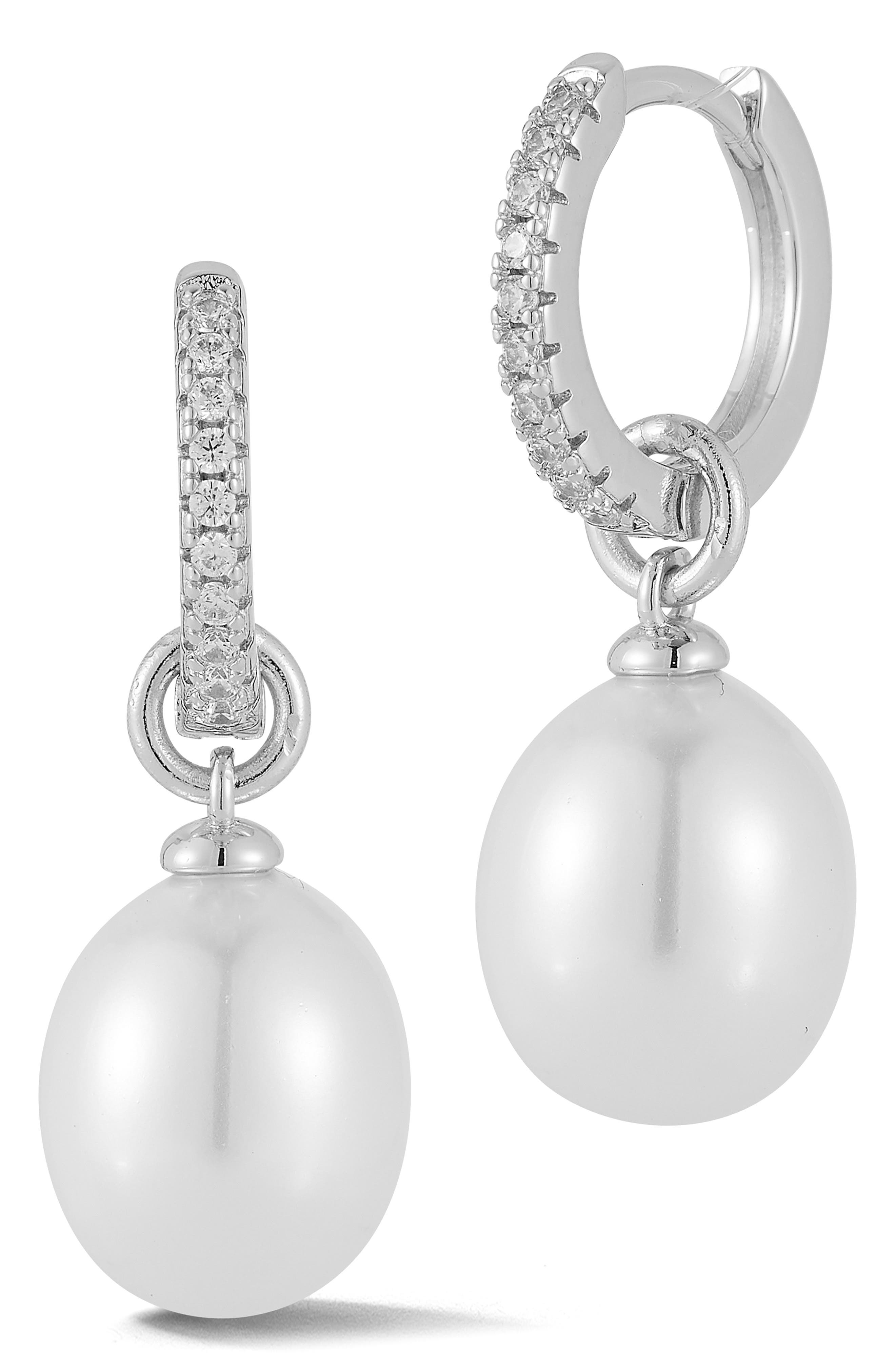 Cubic Zirconia & Imitation Pearl Charm Huggie Hoop Earrings