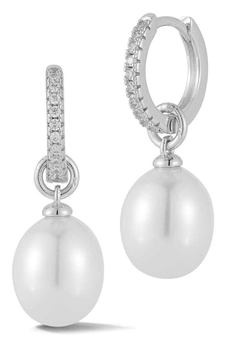 Cubic Zirconia & Imitation Pearl Charm Huggie Hoop Earrings, Main, color, SILVER