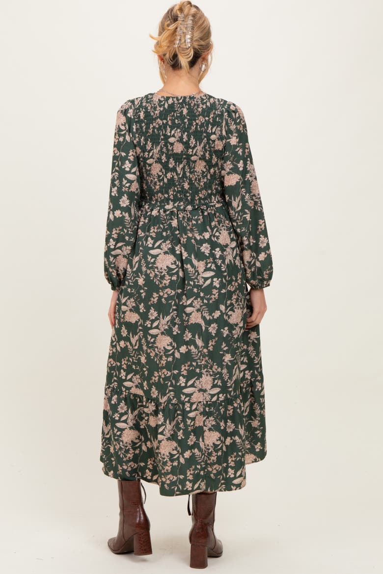 Floral Smocked Long Sleeve Midi Dress, Alternate, color, Olive Green
