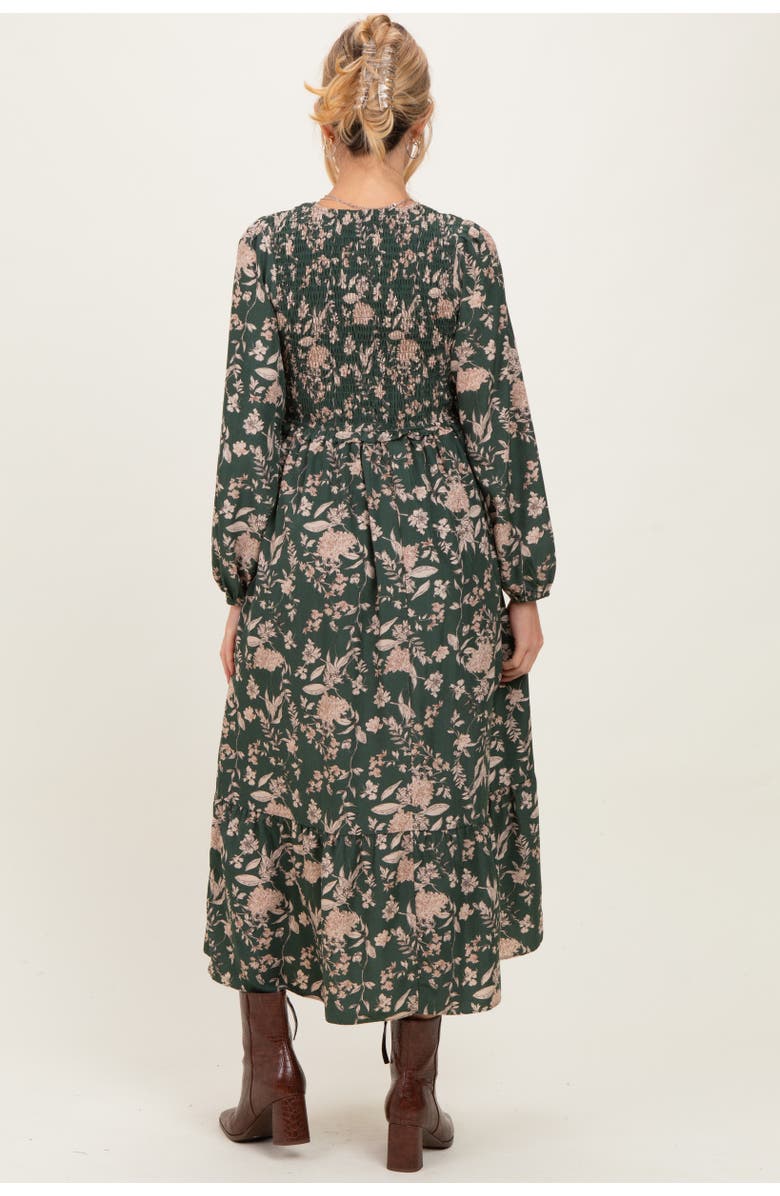 PinkBlush Floral Smocked Long Sleeve Midi Dress, Alternate, color, Olive Green
